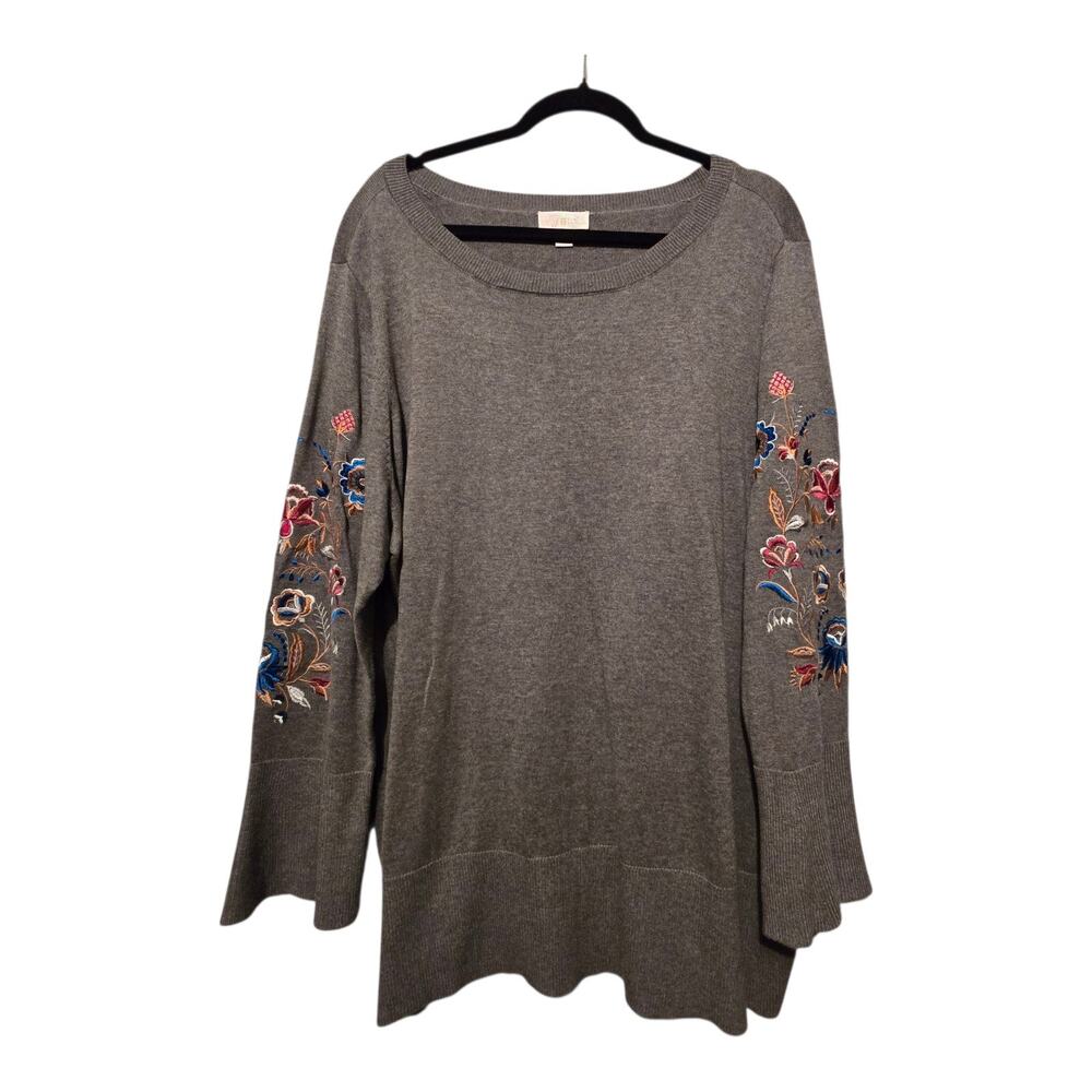 Belle Kim Gravel Floral Bell‎ Sleeve Sweater Womens Plus 2X Gray Boho Embroidery